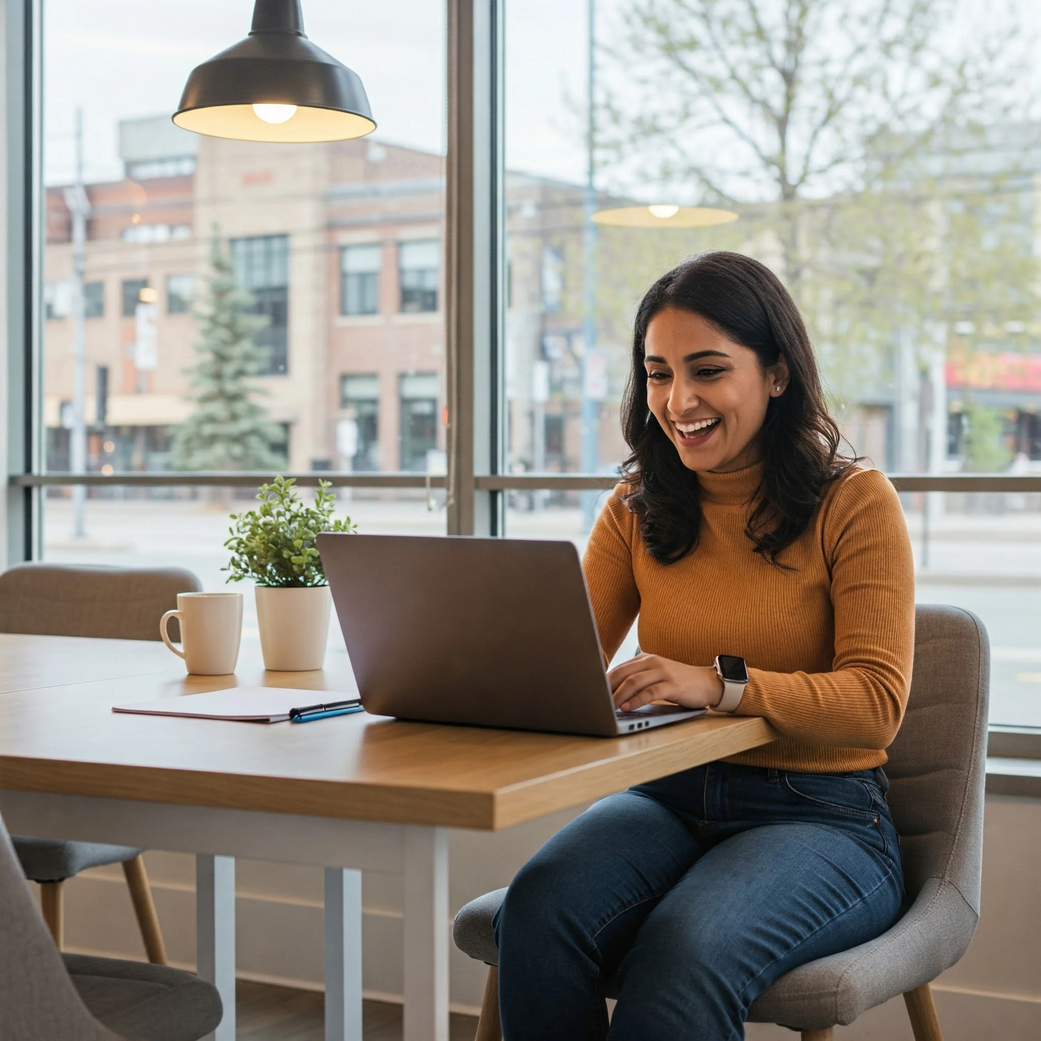 A social media manager working on a laptop in a Calgary office